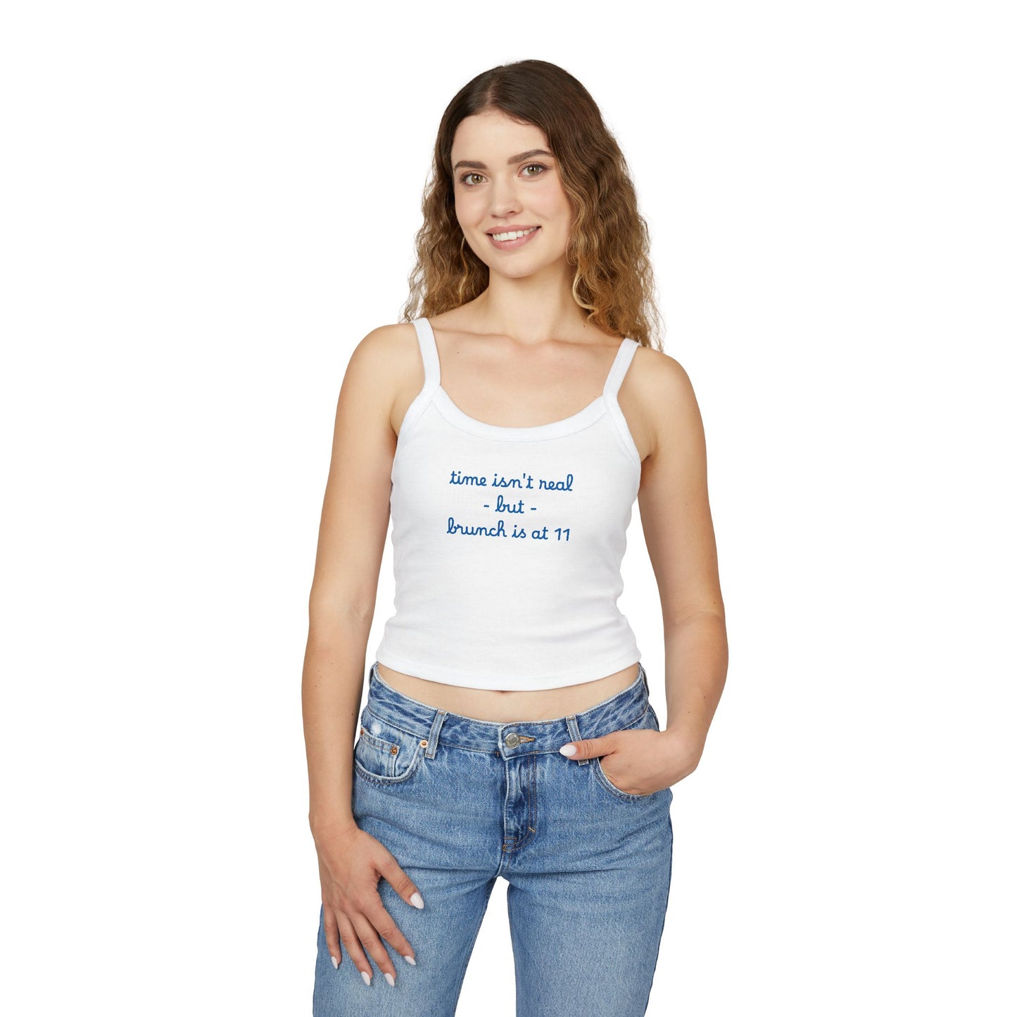 “time isn’t real but brunch is at 11” Cute Brunch Graphic Tank Top