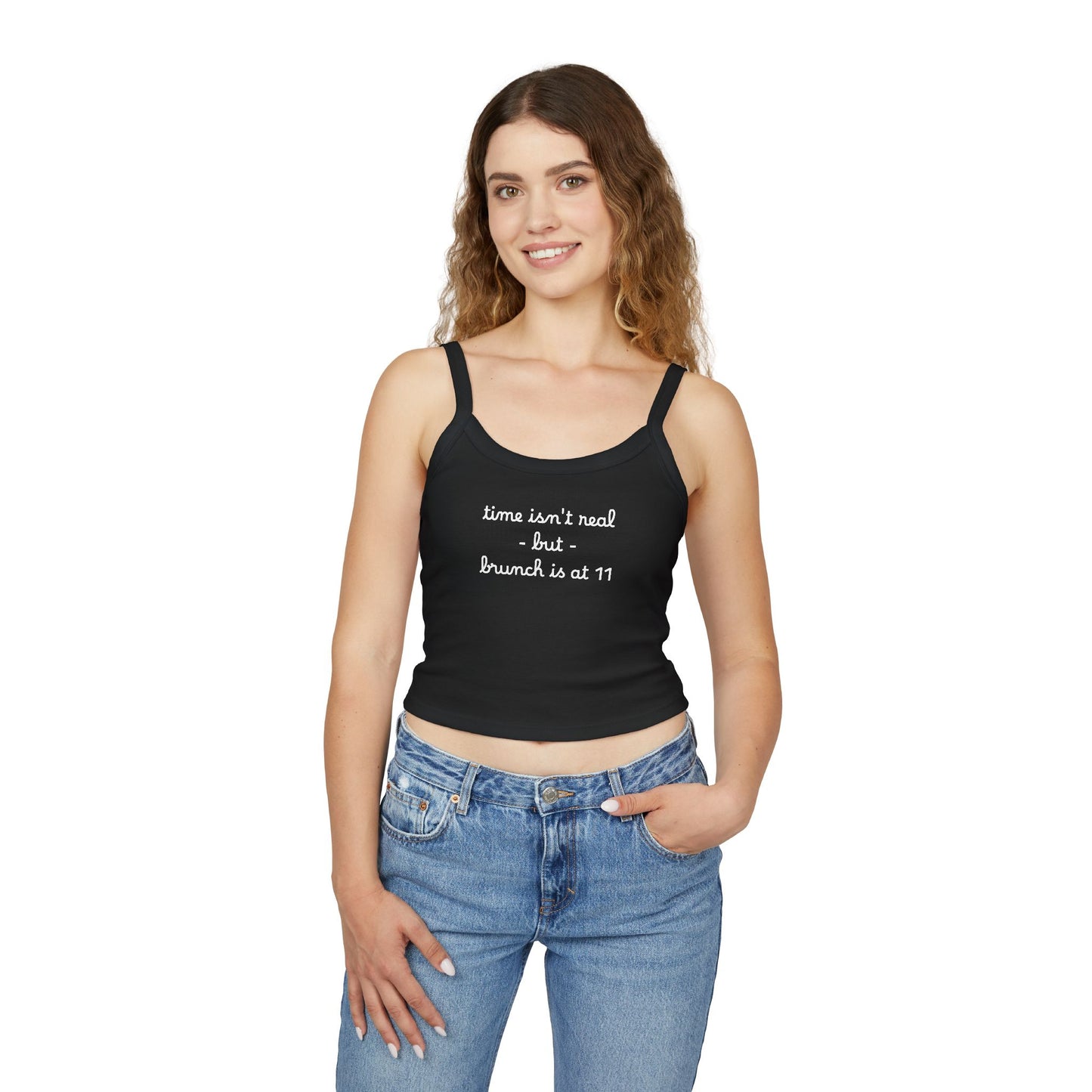 “time isn’t real but brunch is at 11” Cute Brunch Graphic Tank Top
