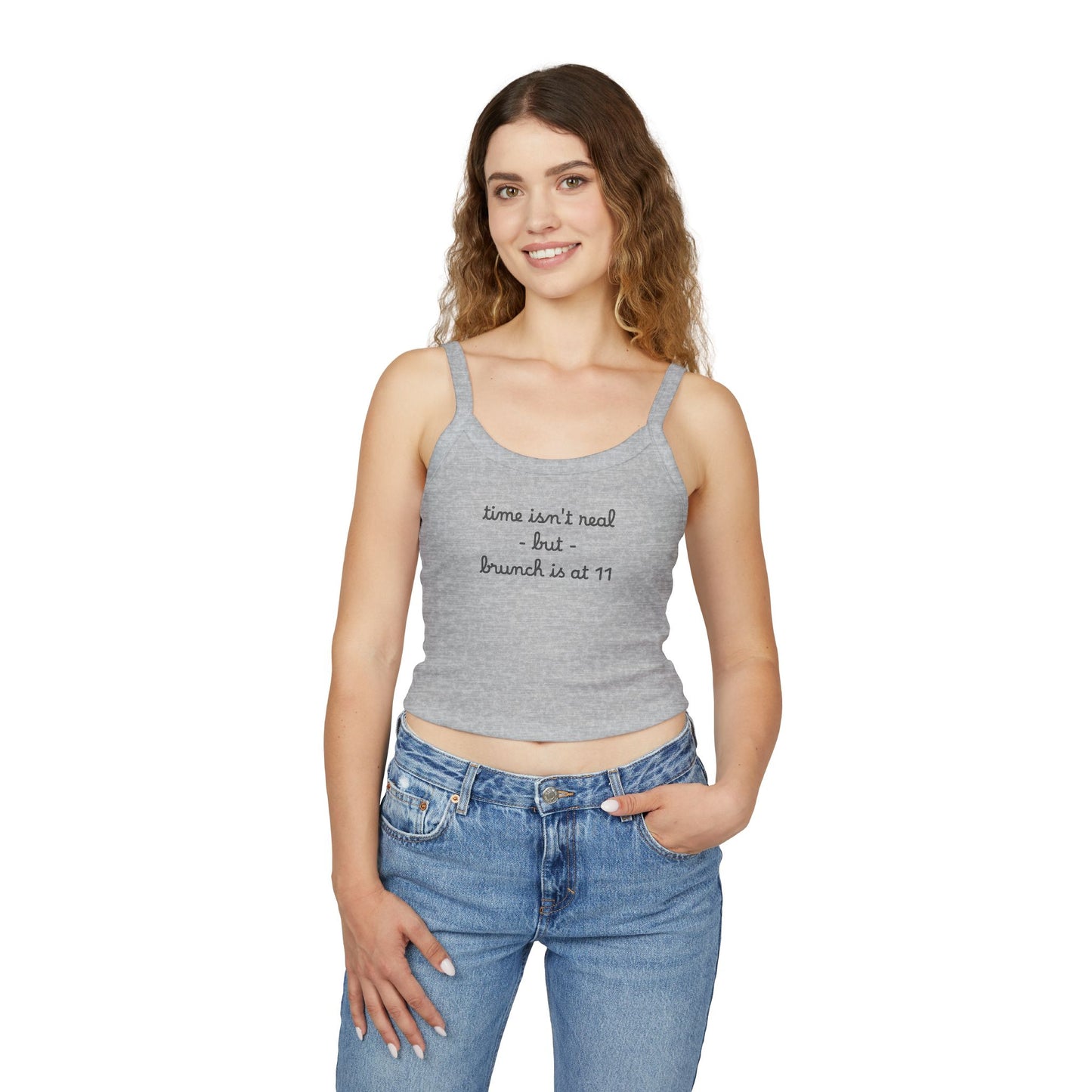 “time isn’t real but brunch is at 11” Cute Brunch Graphic Tank Top